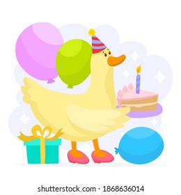 Mother duck with hat, birthday cake on her wing and background balloons