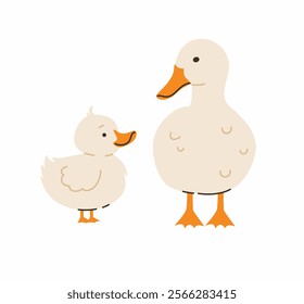 Mother duck and her baby. Flat vector illustration.