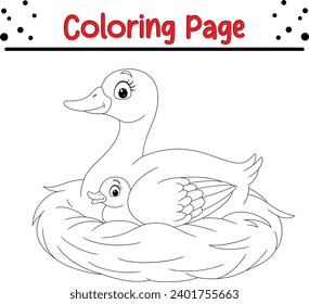 mother duck with her baby nest coloring page for kids