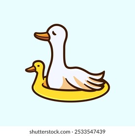 Mother Duck and Her Duckling in a Floating Yellow Lifebuoy Cartoon Vector Illustration