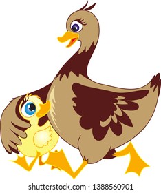 Mother duck and her duckling, Mother and son, mom's love, white background, farm animals.cute, cartoon.