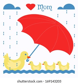 Mother Duck Holding Umbrella to Baby Ducks in the Rain