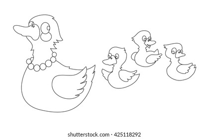 Mother duck with three baby ducks. Can be used for coloring book. Vector illustration.