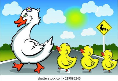 mother duck and three ducklings crossing the road under the sign