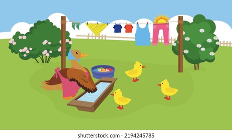 mother duck washes clothes in a trough