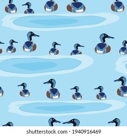 Mother ducks and her babies swimming in the pond. Designed in seamless repeat pattern with different shades of blue. Ready to be printed on children bedding products, clothings, or wrapping paper.