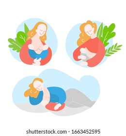 mother during breastfeeding twins. Position for feeding newborn baby. Support of Breastfeeding and motherhood. Cartoon Woman pumps breast milk vector illustration