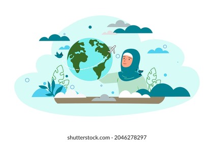 Mother earth concept. Conservation of planet biological diversity. Protection of nature and Earth resources. Woman holds globe. Cartoon modern flat vector illustration isolated on white background