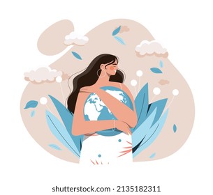 Mother Earth Concept. Girl Hugs Planet, Caring For Nature And Environment. Responsible Society, Volunteer. Holiday Greeting Cards, Poster Or Banner For Website. Cartoon Flat Vector Illustration