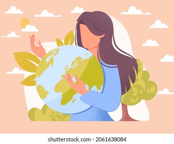 Mother earth concept. Woman holds planet in her hands and cares about environment. Biological diversity or protection of flora and fauna. Cartoon flat vector illustration isolated on pink background