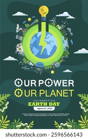 Mother Earth Day 2025 vector illustration poster symbolizing "Our Power, Our Planet" with renewable energy concepts and power button icon. Ideal for promoting sustainability and future energy movement