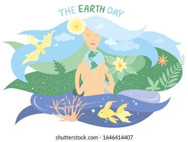 Mother Earth. The Earth Day. Beautiful woman with wavy long hair holding globe. Air, land, ocean. Ecological vector illustration.