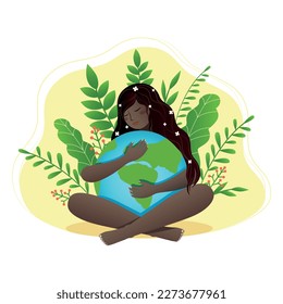 Mother Earth Day celebration cards, beautiful serene black girl with long black hair hugging the planet, cartoon style poster, flat illustration trend