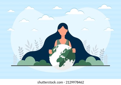 Mother earth day concept. Young woman with long hair embraces planet and protects nature. Taking care of environment and preserving flora and fauna. Cartoon contemporary flat vector illustration