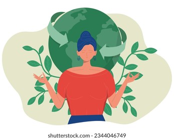 Concepto del Día de la Madre Tierra. Mujer con meditación y protección de la naturaleza. cuidado del medio ambiente y la ilustración vectorial plana del Día de Salvar el Mundo