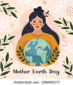 Mother earth day. The girl holds the globe the planet in her hands. Caring for nature concept. Vector illustration