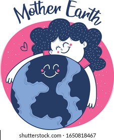 Mother Earth Day. Girl hug earth. Vector