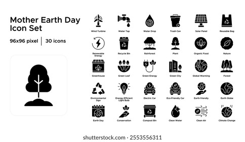 Mother Earth Day Glyph Icon Set: Environmental Awareness, Nature Conservation, and Eco-Friendly Initiatives Icons