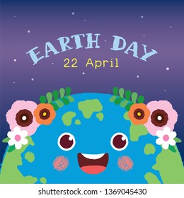 Mother Earth Day greeting card. Cute hand drawn cartoon Earth on starry background. 22 april, Happy Earth Day vector illustration.  