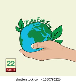 Mother Earth Day with hands holding the fertile earth vector cartoon design