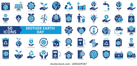 Mother earth day icon collection set. Containing solar panel, save the planet, sprout, recycle, green factory, water faucet, plant icon. Simple flat vector.