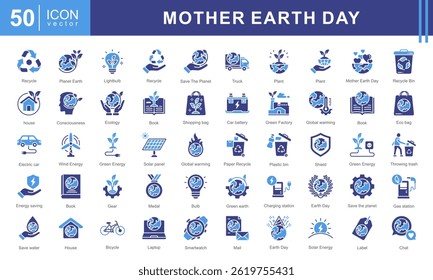 Mother earth day icon collection set. Containing solar panel, save the planet, sprout, recycle, green factory, water faucet, plant and green earth icon.