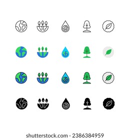 Mother Earth Day icons set, Set of environment, earth globe, green leaf, water drop, plant, nature, forest, icon