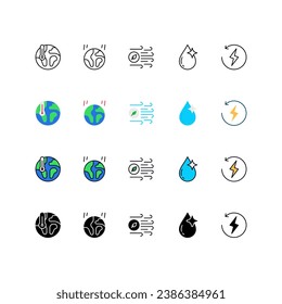 Mother Earth Day icons set, Set of environment, Global warming, climate change, clean air, clean water, renewable energy, icon