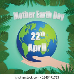 Mother Earth Day infographic, Vector illustration, Earth in hand with tropical leaves on green background 