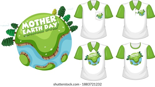 Mother earth day logo with set of different shirts isolated on white background illustration