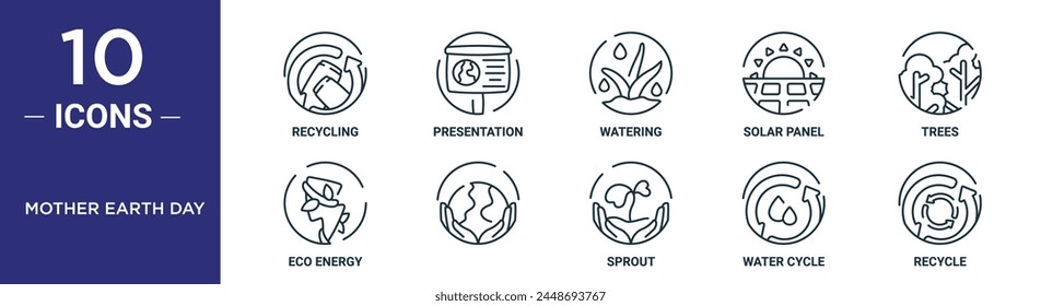 mother earth day outline icon set includes thin line recycling, presentation, watering, solar panel, trees, eco energy,   icons for report, presentation, diagram, web design