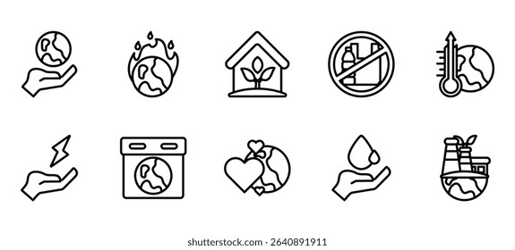 Mother earth day outline icon set. Containing care,earth,house,no plastic bags,energy,temperature,save water and factory. Linear icon collection vector