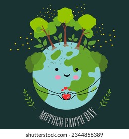 mother earth day earth planet with green plants poster vector dark background