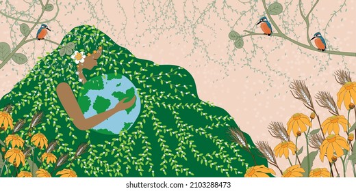 Mother earth day poster with hand holding planet,Nature fo woman. Cute cartoon Vector Girl with wild natural forest and globe,World environment background,Save the earth or Earth day,Green day concept