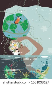 Mother earth day poster with nature beauty woman holding planet, World environment day background, Save the earth or Green day concept