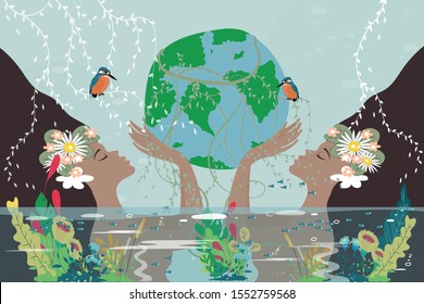 Mother earth day poster with nature two beauty women holding planet, Twin girls holding earth globe in their hands, World environment day background, Save the earth or Green day concept