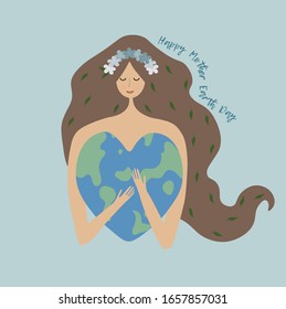 Mother earth day poster with planet and nature beauty woman. Earth in hands and text: Happy Mother Earth Day. Cute earth character hugs the heart vector cartoon flat style isolated. 
