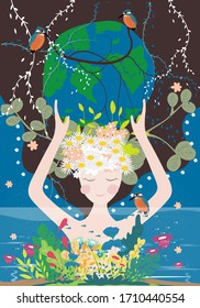 Mother earth day poster with planet, nature and beauty woman. Cute cartoon Vector Girl with wild natural forest and globe, World environment background, Save the earth and Earth day, green day concept