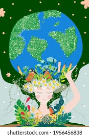 Mother earth day poster with planet, nature and beauty woman. Cute cartoon Vector Girl with wild natural forest and globe, World environment background, Save the earth and Earth day, Green day concept