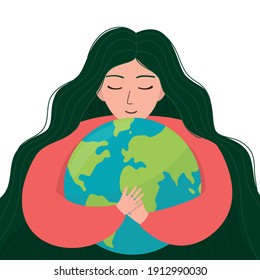 Mother earth day. Poster with woman beauty of the planet and nature. Cute earth character hugging heart vector cartoon flat style isolated on white background