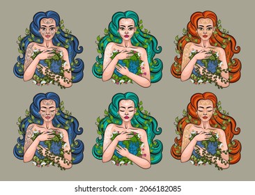 Mother earth day set with planet, nature and beauty woman. World environment day background, Save the earth or Green day concept