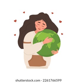 Mother Earth day. Smiling girl expresses love to planet. Caring for Nature. Ecology concept. Environmental problems. Vector illustration in flat cartoon style. Holiday postcard.