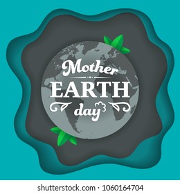 Mother Earth Day typographical badge on the Earth planet with green leaves. Earth day concept with abstract waves background with 3d effect. Paper craft and minimal style. Vector Illustration.