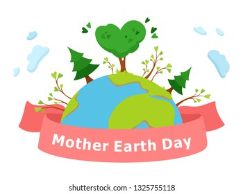 Mother Earth Day vector concept Illustration.
Green trees on planet earth. Vector illustration on white background
