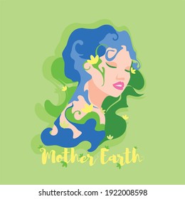 Mother Earth. Environment protection. Earth Day. Vector eco illustration for social poster, banner or card on the theme of saving the planet. Nature and beauty woman. Green day concept 