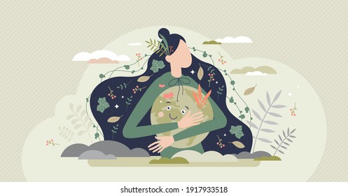 Mother earth as environmental ecological and green planet tiny person concept. Nature biodiversity conservation as care with protection or preservation vector illustration. Ecosystem climate awareness