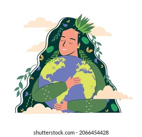 Mother earth environmental ecological and green planet concept. Mother earth day poster with planet, nature and beautiful woman. Nature biodiversity, care, protection of pollution vector illustration.