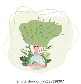Mother earth, lady embracing our green planet. Earth Day and planet preservation.Global Warming and environmental safeguard power efficiency idea. Perfect for banner, card. Vector illustration