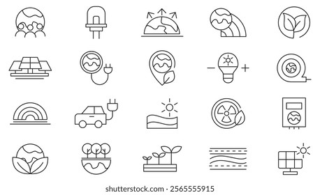 Mother Earth line icon set. Containing solar panel, save the planet, sprout, recycle, green factory, water faucet, plant, healed, ecology save nature line icon set. UI thin line icon pack.