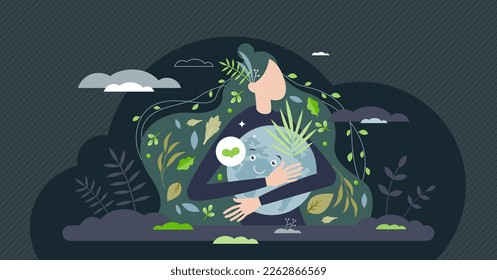 Mother earth as nature friendly and environmental female tiny person concept. Ecological awareness and sustainable care to protect planet earth vector illustration. Symbolic green and floral woman.